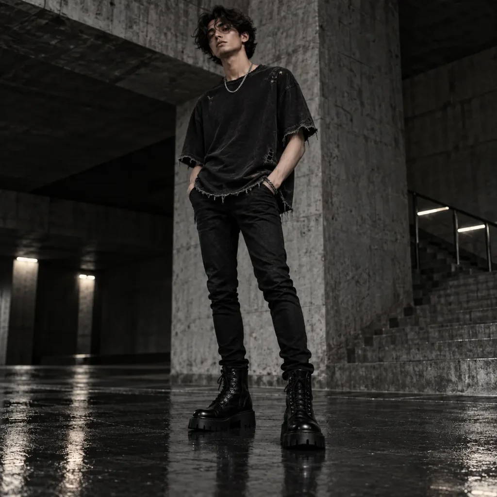 Oversized distressed black t-shirt with raw hems styled with black skinny jeans and combat boots