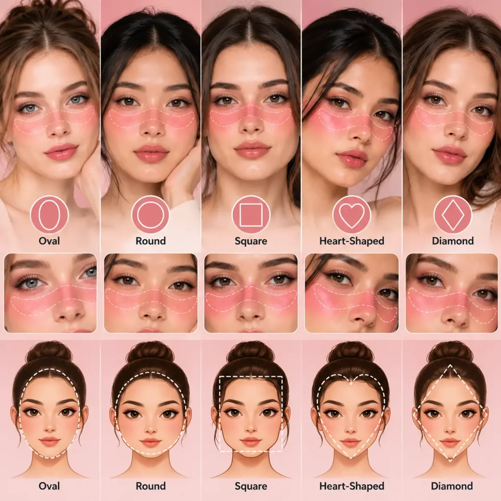 Igari blush placement guide for oval, round, square, heart-shaped, and diamond face shapes with pink blush examples.
