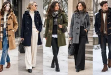 Five stylish winter duffle coat outfits featuring camel, navy, olive, gray, and black coats with scarves, jeans, trousers, and boots.