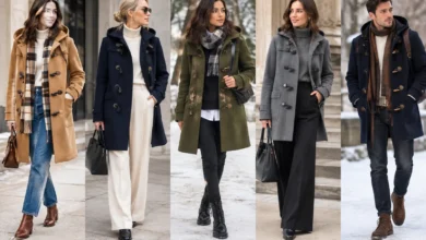 Five stylish winter duffle coat outfits featuring camel, navy, olive, gray, and black coats with scarves, jeans, trousers, and boots.