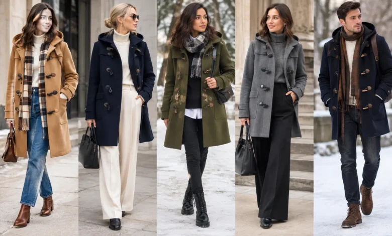 Five stylish winter duffle coat outfits featuring camel, navy, olive, gray, and black coats with scarves, jeans, trousers, and boots.