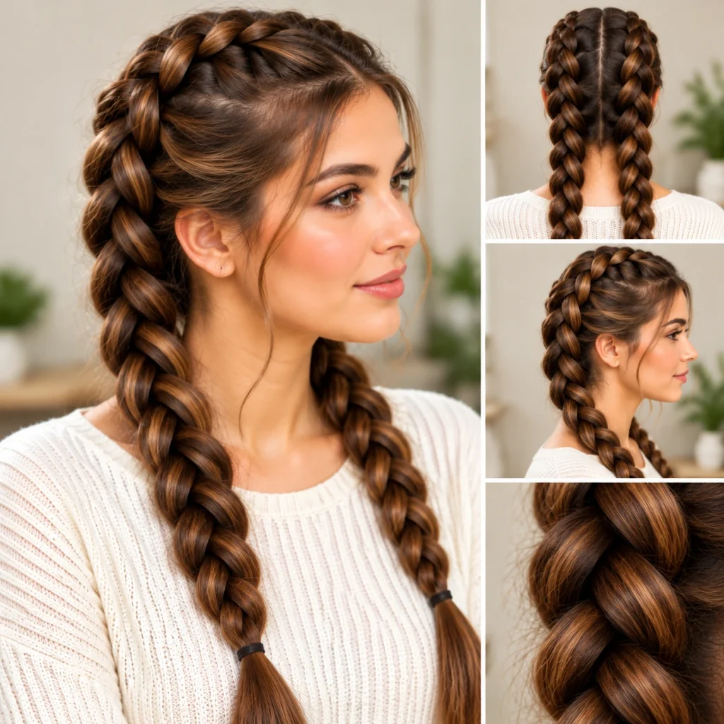 Dutch braid hairstyle with raised braids and clean sections