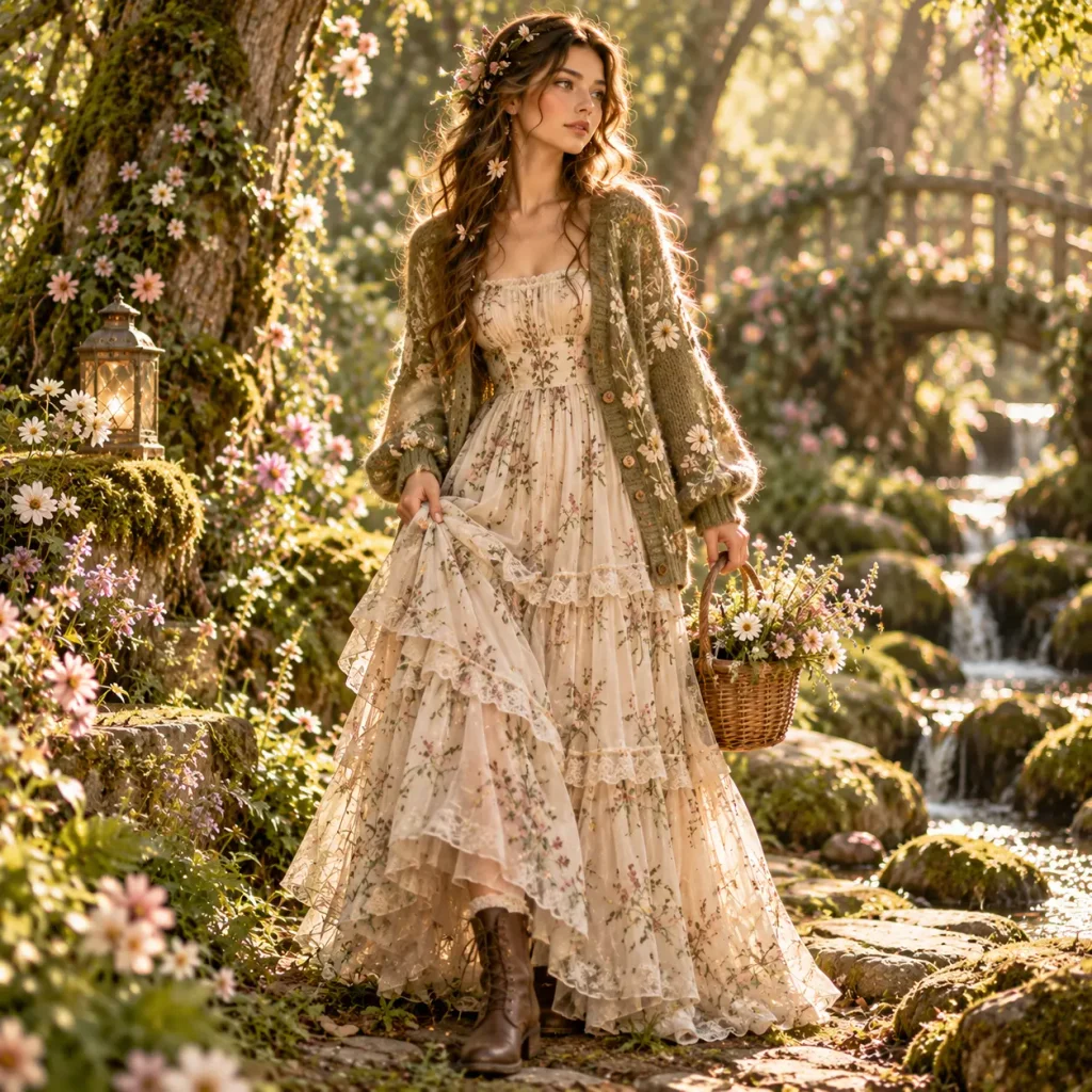 Woman wearing an earthy knitted cardigan over a floral prairie dress in a woodland garden, showcasing a cozy fairycore outfit style