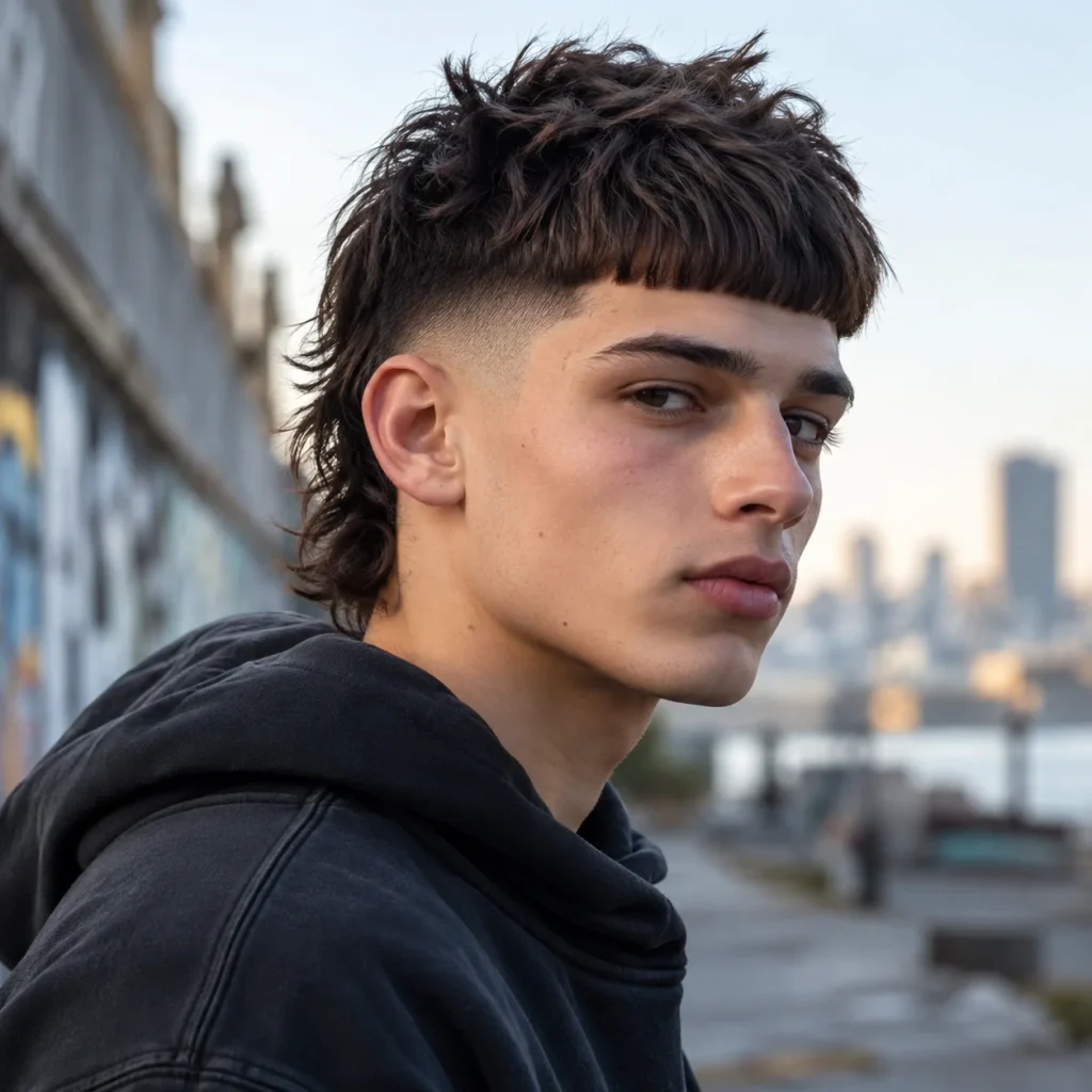 Modern Edgar mullet haircut featuring a short blunt fringe, faded sides and longer layered hair at the back
