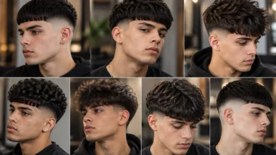 Edgar cut hairstyle collection showing different modern fade, curly, textured and short fringe haircuts for men