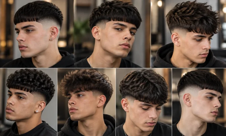 Edgar cut hairstyle collection showing different modern fade, curly, textured and short fringe haircuts for men