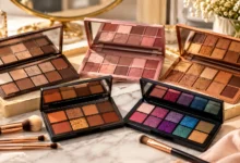 Five stunning eyeshadow palettes featuring neutral, pink, rose gold, cool-toned, and colorful shades with makeup brushes.