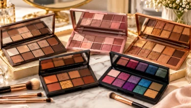 Five stunning eyeshadow palettes featuring neutral, pink, rose gold, cool-toned, and colorful shades with makeup brushes.
