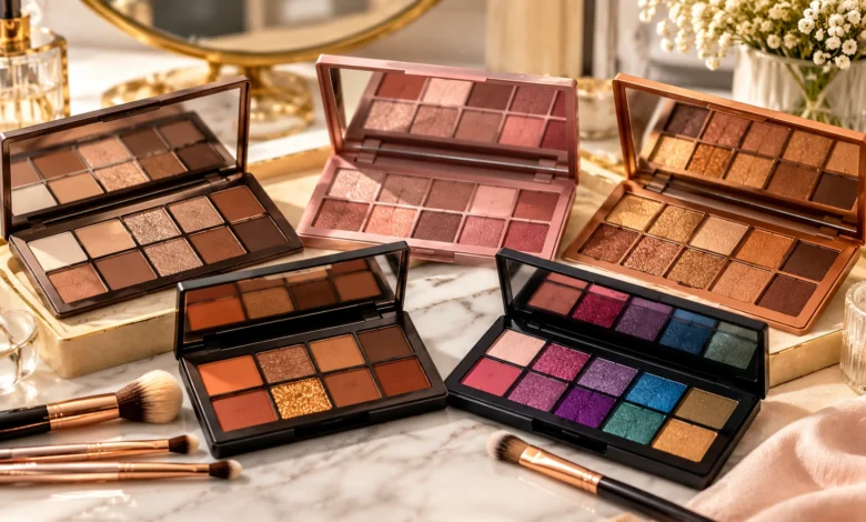 Five stunning eyeshadow palettes featuring neutral, pink, rose gold, cool-toned, and colorful shades with makeup brushes.