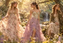 Fairycore outfits featuring dreamy floral dresses, flower crowns, and whimsical woodland fashion style in an enchanted forest setting