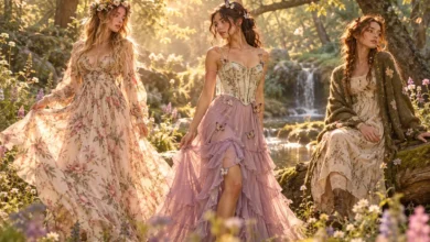 Fairycore outfits featuring dreamy floral dresses, flower crowns, and whimsical woodland fashion style in an enchanted forest setting