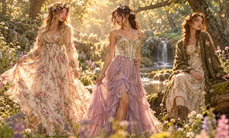 Fairycore outfits featuring dreamy floral dresses, flower crowns, and whimsical woodland fashion style in an enchanted forest setting