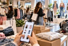 Fast Fashion Brands clothing collection featuring trendy outfits, shopping bags and affordable fashion styles