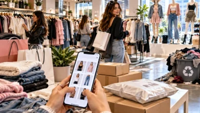 Fast Fashion Brands clothing collection featuring trendy outfits, shopping bags and affordable fashion styles