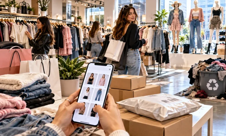 Fast Fashion Brands clothing collection featuring trendy outfits, shopping bags and affordable fashion styles