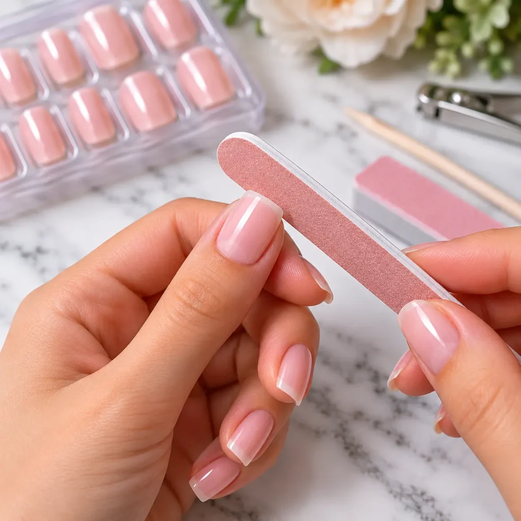 Close-up of a woman shaping pink gel nails with a nail file for a smooth manicure finish