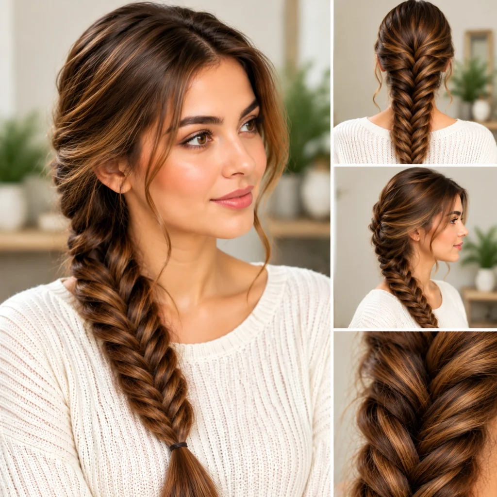 Fishtail braid hairstyle featuring an intricate woven pattern