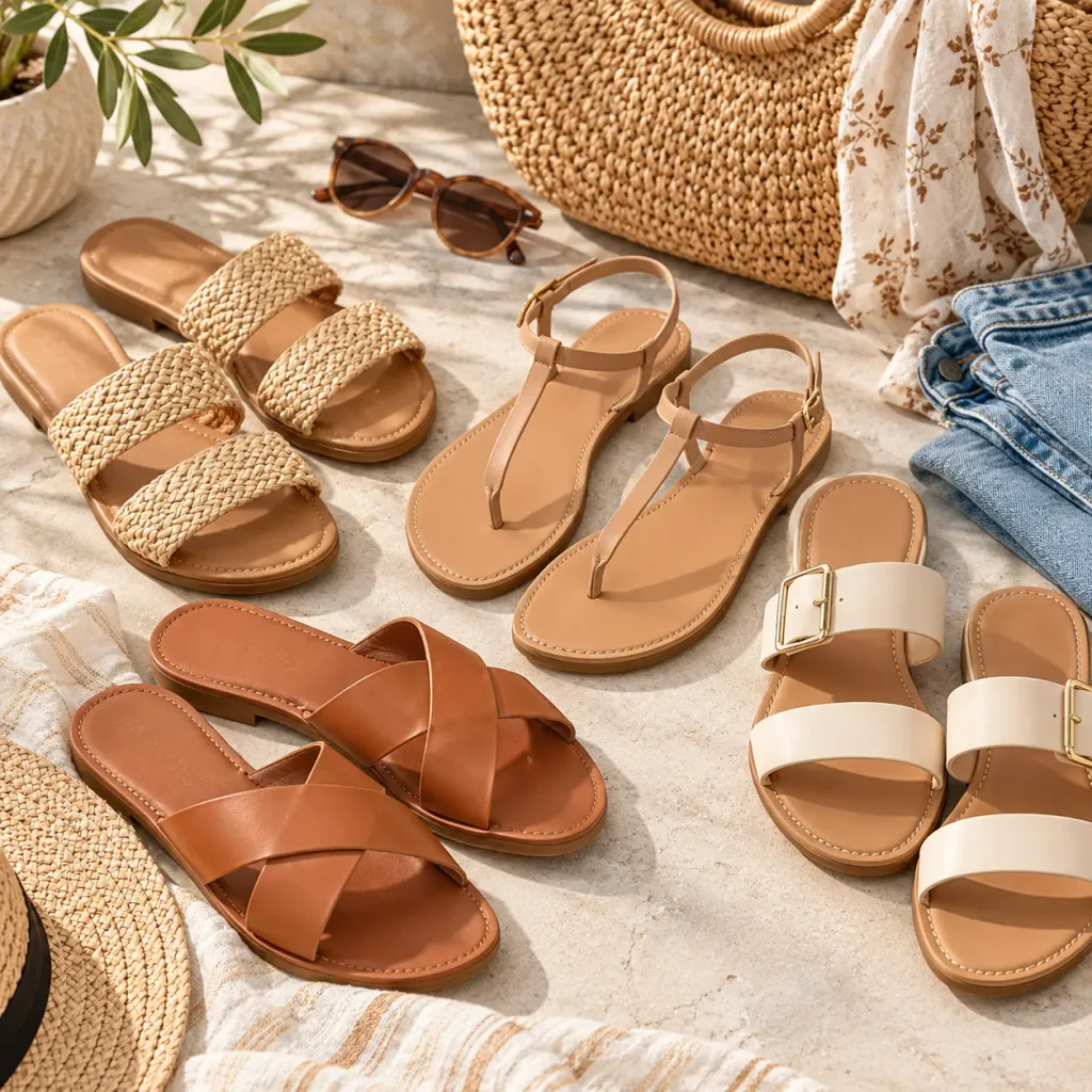 Women's everyday flat sandals in tan, beige, and woven styles with comfortable casual designs
