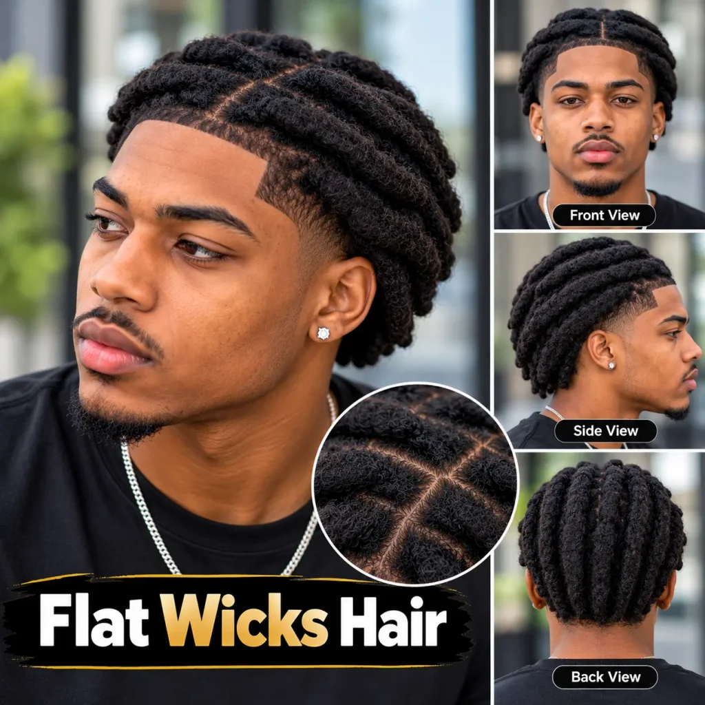 Flat wicks hairstyle on a Black man showing thick locs lying naturally across the scalp with neat hair sections
