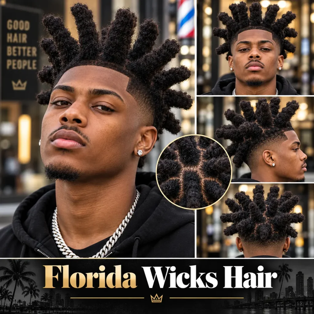 Florida wicks hair featuring thick, chunky upright dreadlocks with neatly sectioned roots and a sharp hairline