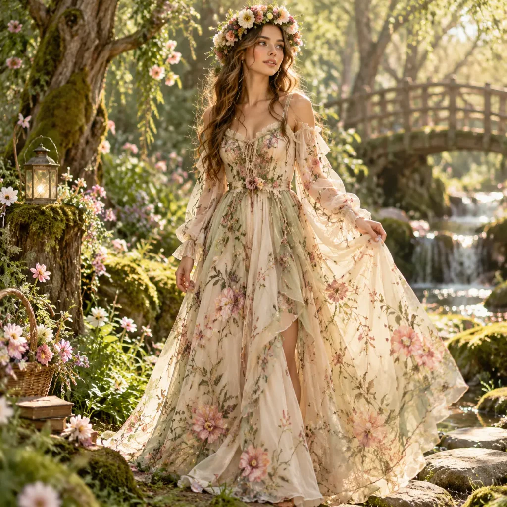 Young woman wearing a flowing floral maxi dress with a flower crown in an enchanted woodland setting, creating a dreamy fairycore fashion look