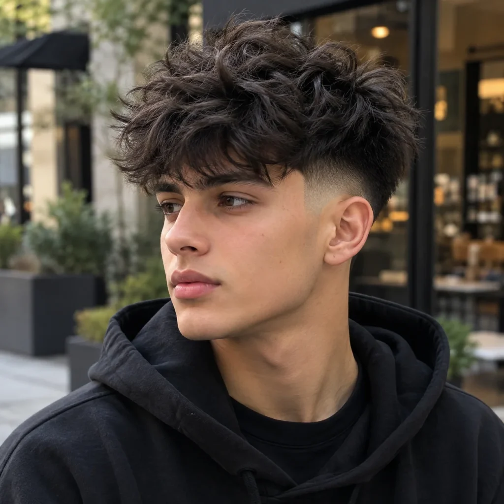 Fluffy Edgar haircut for men featuring voluminous messy dark hair, soft textured fringe and tapered sides