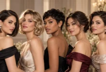 Five women showcasing elegant formal hair styles for short hair, including sleek bobs, soft waves, and a polished pixie cut
