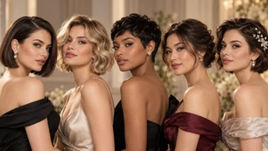Five women showcasing elegant formal hair styles for short hair, including sleek bobs, soft waves, and a polished pixie cut