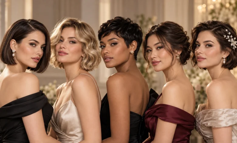 Five women showcasing elegant formal hair styles for short hair, including sleek bobs, soft waves, and a polished pixie cut