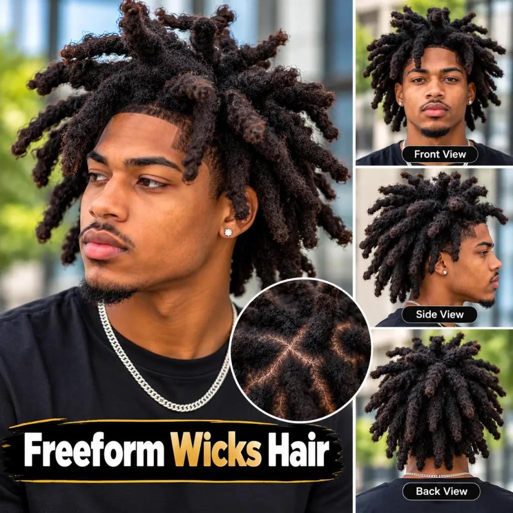 Natural freeform wicks hairstyle featuring thick, uneven locs growing in different directions with textured roots