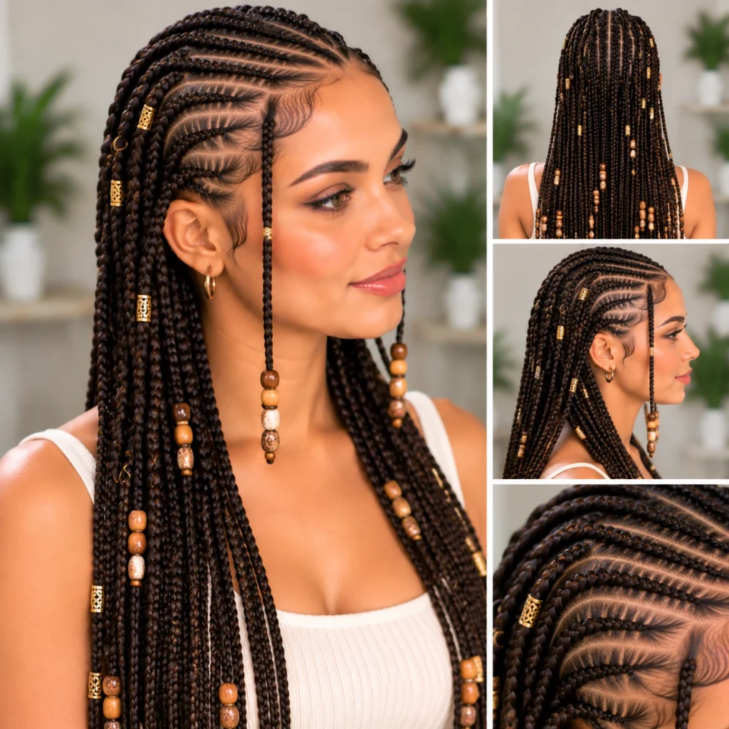 Fulani braids hairstyle with decorative beads and patterned cornrows