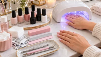 Complete gel nail kit with UV LED lamp, gel polish bottles, nail files, and manicure tools for home use.