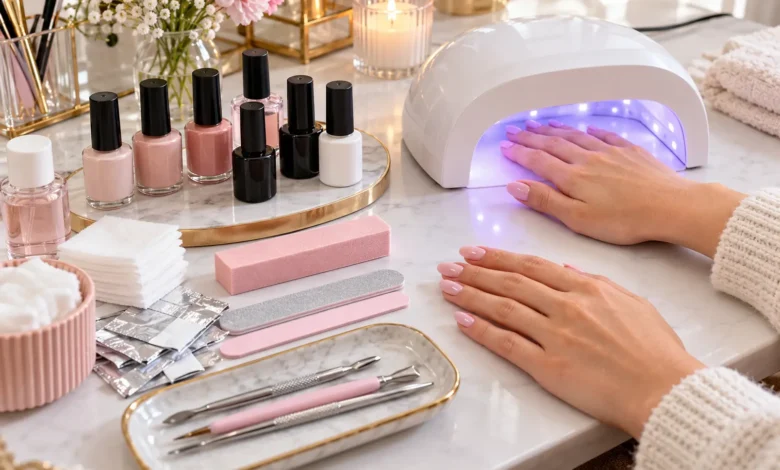 Complete gel nail kit with UV LED lamp, gel polish bottles, nail files, and manicure tools for home use.