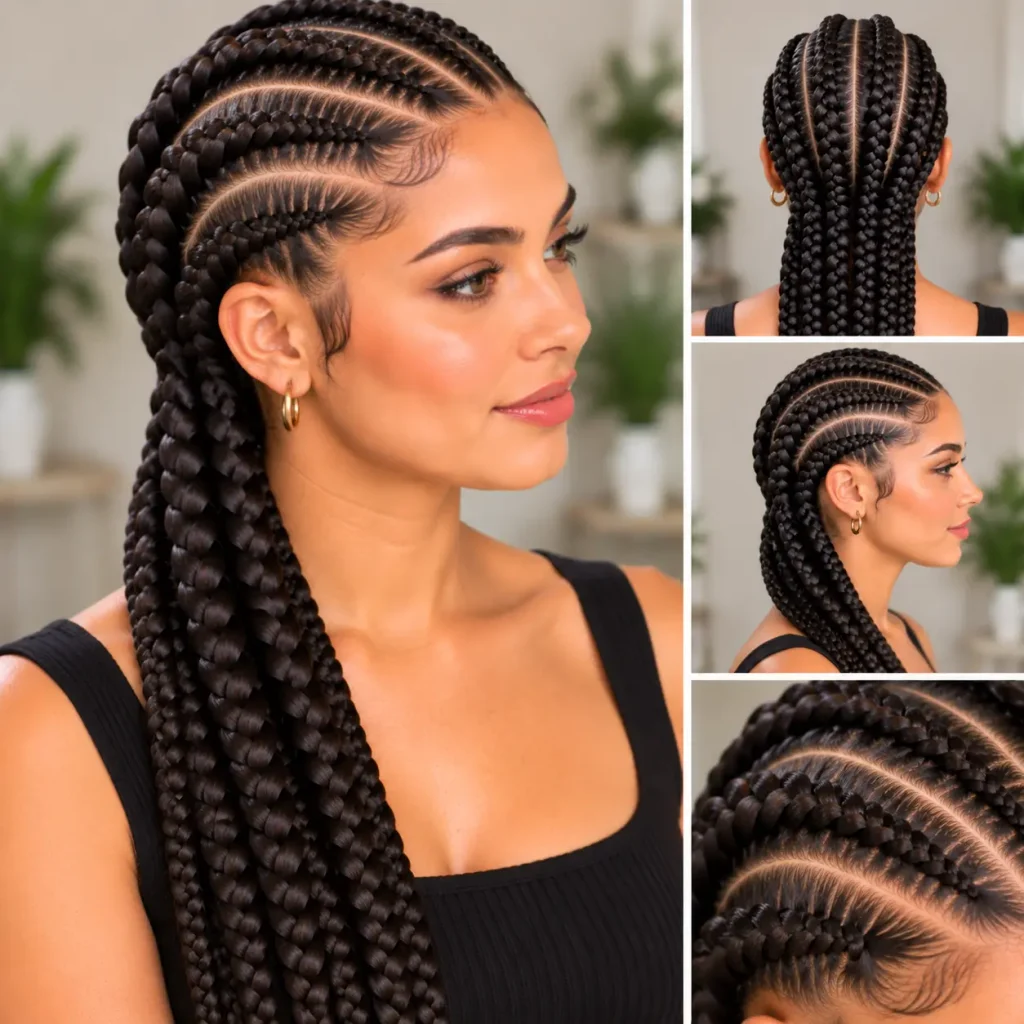 Ghana braids hairstyle featuring thick, curved cornrows