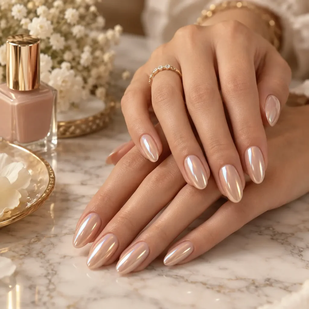 Shiny chrome nude nails with a pearlescent glazed finish and elegant almond shape