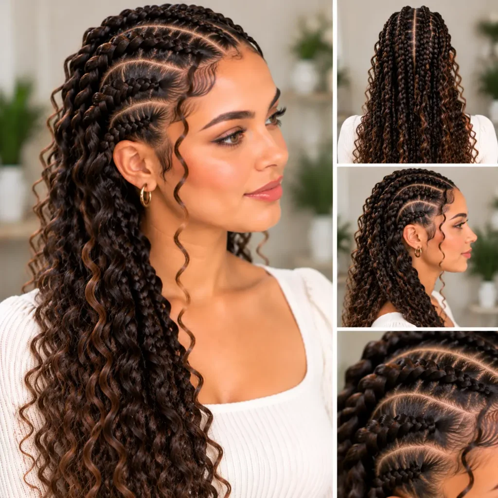 Goddess braids hairstyle with thick, glossy braids and defined parts