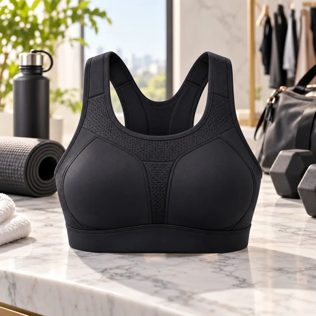 Black high-support sports bra with wide straps and breathable panels