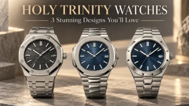 Holy Trinity Watches featuring Audemars Piguet Royal Oak, Patek Philippe Nautilus, and Vacheron Constantin Overseas luxury Swiss watches.