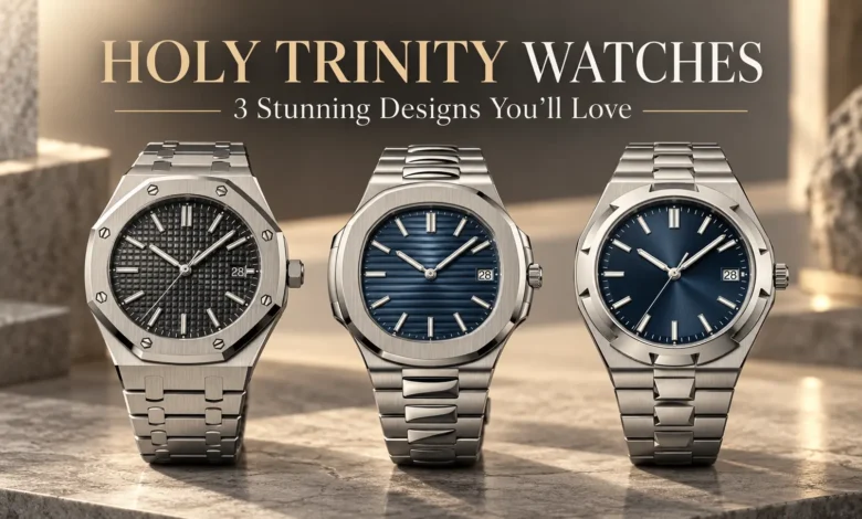 Holy Trinity Watches featuring Audemars Piguet Royal Oak, Patek Philippe Nautilus, and Vacheron Constantin Overseas luxury Swiss watches.