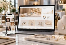 Luxury jewellery collection displayed alongside a laptop and smartphone showcasing digital marketing, jewellery SEO, online shopping, and business growth.