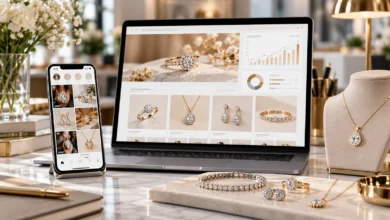 Luxury jewellery collection displayed alongside a laptop and smartphone showcasing digital marketing, jewellery SEO, online shopping, and business growth.