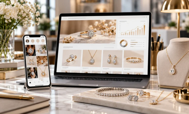 Luxury jewellery collection displayed alongside a laptop and smartphone showcasing digital marketing, jewellery SEO, online shopping, and business growth.