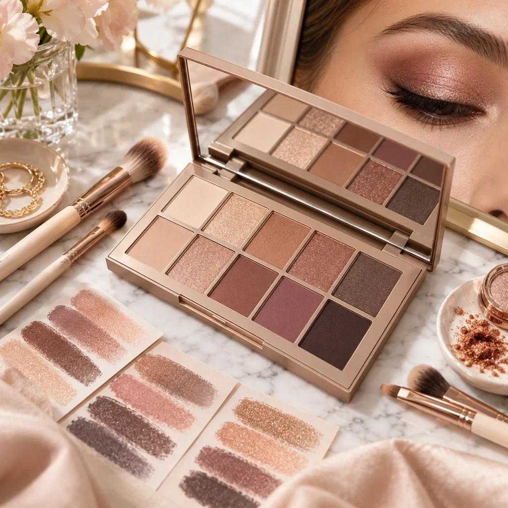 Beauty infographic showing seven tips for choosing the right eyeshadow palette based on skin tone, eye color, and makeup preferences.
