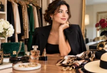 Elegant woman styling her signature look with perfume, gold jewelry, a velvet handbag, sunglasses, a silk scarf, and a decorative Venetian masquerade mask in a luxurious dressing room.
