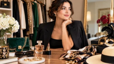 Elegant woman styling her signature look with perfume, gold jewelry, a velvet handbag, sunglasses, a silk scarf, and a decorative Venetian masquerade mask in a luxurious dressing room.