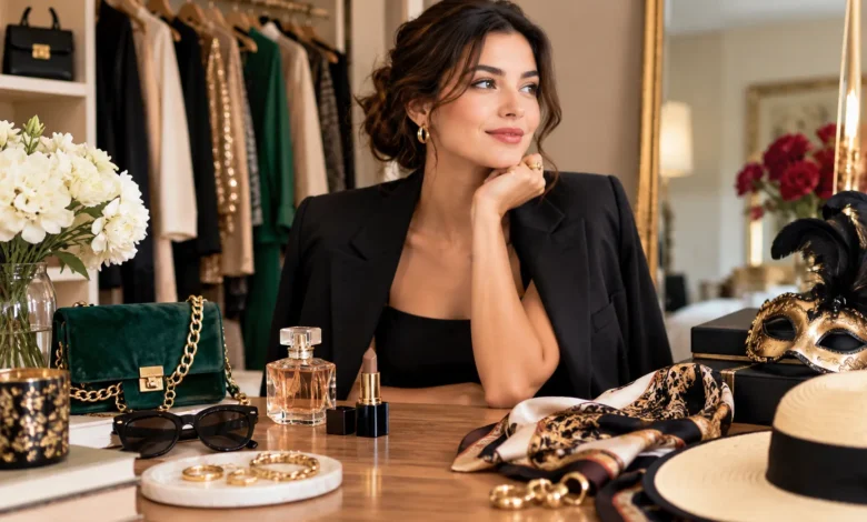 Elegant woman styling her signature look with perfume, gold jewelry, a velvet handbag, sunglasses, a silk scarf, and a decorative Venetian masquerade mask in a luxurious dressing room.
