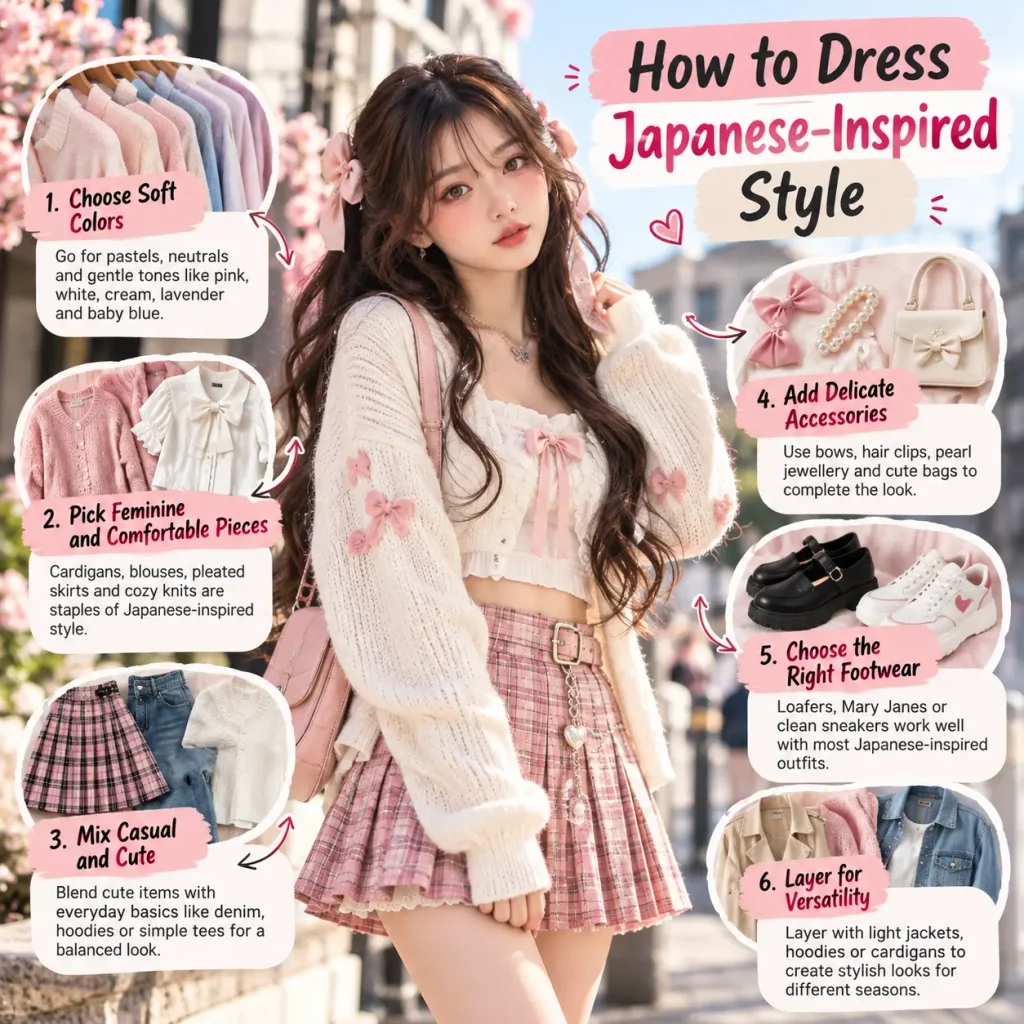 Japanese-inspired fashion infographic showing six styling tips for pastel colours, cardigans, pleated skirts, accessories, footwear and layering.