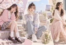 Three Japanese-inspired Igari fashion outfits featuring pastel cardigans, pleated skirts, soft knitwear and romantic styling.