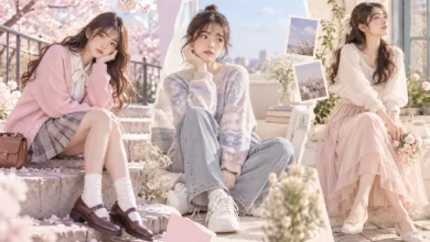 Three Japanese-inspired Igari fashion outfits featuring pastel cardigans, pleated skirts, soft knitwear and romantic styling.