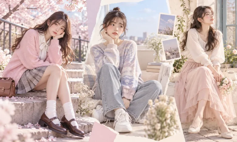 Three Japanese-inspired Igari fashion outfits featuring pastel cardigans, pleated skirts, soft knitwear and romantic styling.